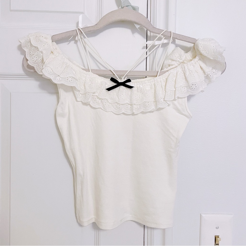 Japanese Kawaii White Cotton Off Shoulder Ruffle Lace Black Bow Shirt Blouse Top
